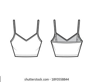 Crop Camisole V-cuello algodón-jersey superior ilustración de moda técnica con correas delgadas ajustables, ajuste delgado. Plantilla de tanque de ropa interior plana delantera, trasera, color blanco. Hombres mujeres unisex maquillaje CAD