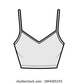 Crop Camisole V-cuello algodón-jersey superior ilustración de moda técnica con correas delgadas ajustables, ajuste delgado. Plantilla de tanque de ropa interior plana delantera, color gris. Hombres mujeres unisex maquillaje CAD