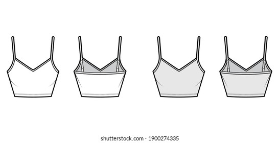Crop Camisole V-neck cotton-jersey top technical fashion illustration with thin adjustable straps, slim fit. Flat outwear tank template front, back, white, grey color. Women men unisex CAD mockup