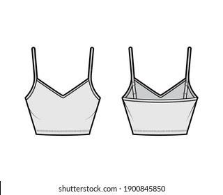 Crop Camisole V-cuello algodón-jersey superior ilustración de moda técnica con correas delgadas ajustables, ajuste delgado. Plantilla de tanque de ropa interior plana delantera, trasera, color gris. Hombres mujeres unisex maquillaje CAD