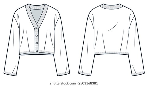 Crop Cardigan technische Mode Illustration. V Neck Sweater Fashion Flat technische Zeichnung Vorlage, zugeschnitten, Tasten, entspannte Passform, Vorder-und Rückansicht, weiß, Frauen, Männer, Unisex Top CAD mockup.