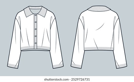 Crop Cardigan ilustração de moda técnica. Modelo de desenho técnico plano da moda do suéter, colar, manga larga, botões, ajuste relaxado, vista frontal e traseira, branco, mulheres, homens, maquete CAD unissex.