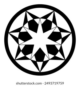 Crop circle pattern with seven-pointed stars enclosed in two circles. Mandala like and heptagram structure, made of numerous triangles and pentagons. Modeled on a corn circle found 2024 in Wiltshire.