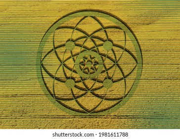 crop circles on green grass, sacred geometry, esoteric Flower of Life, vector mystical sign isolated on green and yellow background 