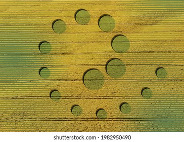crop circles on green grass, spiral sacred geometry, esoteric geometric shapes, vector round mystical sign isolated on green and yellow background  svg