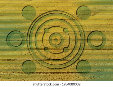 crop circles on green grass, sacred geometry, esoteric geometric shapes, vector round mystical sign isolated on green and yellow background  svg
