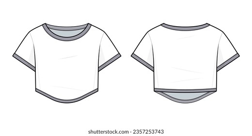 Crop contrast T-shirt technical fashion illustration. crop contrast tee shirt vector template illustration. short sleeve, Crew neck, Curved hem, front and back view. women's. white color. CAD mock-up 