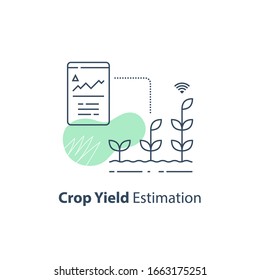 Crop data report, soil condition control, yield estimation chart, smart automation, modern agriculture technology, agritech concept, harvest improvement, agricultural efficiency, vector line icon