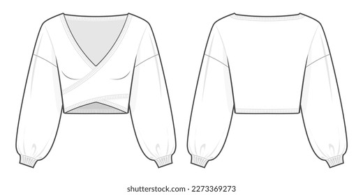 Crop Deep V-Neck Long Sleeve Sweater Cross Wrap Front flache technische Zeichnungsvorlage. Technisches Modebild-Illustration von gegossenen Pullover, Vorder- und Rückseite, weiß, CAD-Modell.