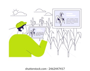 Crop diseases detection abstract concept vector illustration. Farmer detects agriculture diseases using smartphone, agribusiness industry, smart farming, modern technology abstract metaphor.