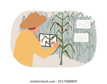 Crop diseases detection isolated cartoon vector illustrations. Farmer detects agriculture diseases using smartphone, agribusiness industry, smart farming, modern technology vector cartoon.