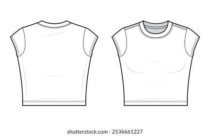 Crop Dri-FIT tee shirt technical fashion illustration. Gym T-shirt vector template illustration. front and back view. Cropped tee. Sportswear. Slim fit . Women’s. white color. CAD mockup set.