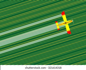 Crop Duster Airplane Spraying A Farm Field. Vector Illustration.