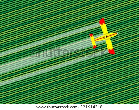 Crop duster airplane spraying a farm field. Vector illustration.