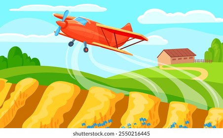 Crop duster. Farm airplane spraying corn field chemicals pesticides, agricultural transport flying plane insecticide fumigation, aircraft farming machinery neat vector illustration original artwork