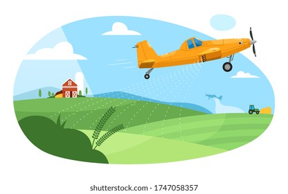 Crop duster. Flying aircraft plane spraying farm field with pesticide chemicals. Green rural farmland landscape with barn and crop duster. Agricultural industry aviation farming