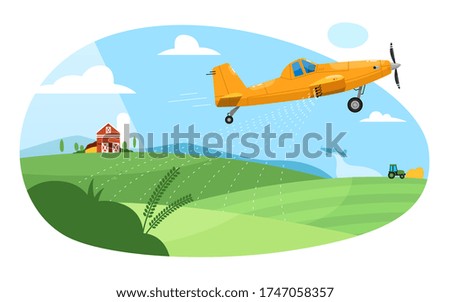 Crop duster. Flying aircraft plane spraying farm field with pesticide chemicals. Green rural farmland landscape with barn and crop duster. Agricultural industry aviation farming