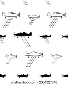 Crop Duster Icon Seamless Pattern, Aircraft Spray Pesticides Fertilizer On Crop Vector Art Illustration