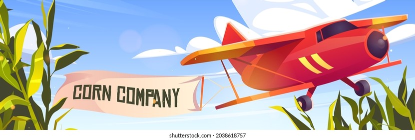 Crop duster plane with corn company banner flying over green maize field. Farm airplane in blue cloudy sky. Agricultural cropduster machine , farming aviation, aircraft, Cartoon vector illustration