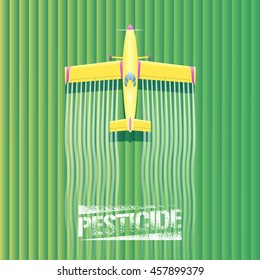 Crop Duster Plane Vector Illustration. Aerial View Of Flying Airplane Spraying Green Farming Field. Design Concept Element With Pesticide Sign, Crop Duster, Landscape For Poster