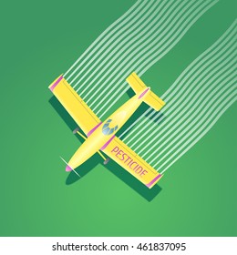 Crop Duster Plane Vector Illustration. Aerial View Of Flying Airplane Spraying Pesticide, Herbicide Farming Field. Design Concept Element For Pest Control, Cultivation, Agriculture With Crop Duster