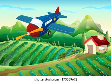 Crop dusting a farm with plane