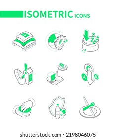 Crop failure and food prices - modern line isometric icons set with editable stroke. Provisioning warehouse, world share of grain, lean year, famine, food, hunger, lack of vitamins and nutrition idea