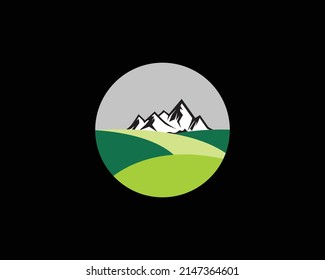 Crop field, Mountains and Moon logo  Design. Mountain Farm Icon Vector illustration.