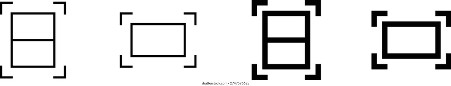 Crop frame icons for image editing and screen selection tools. Minimal resize and focus symbols showing vertical and horizontal framing. Clean interface graphics for photo editor, design software, and UI controls.