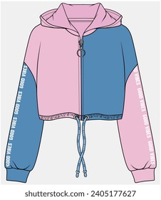 CROP HOODIE WITH CONTRAST PANEL DETAIL DESIGNED FOR TEEN GIRLS AND KID GIRLS IN VECTOR ILLUSTRATION FILE
