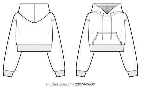 Crop Hoodie with kangaroo pocket technical fashion illustration. hoodie vector template illustration. front and back view. Crop. drop shoulder. unisex. white colour. CAD mockup.