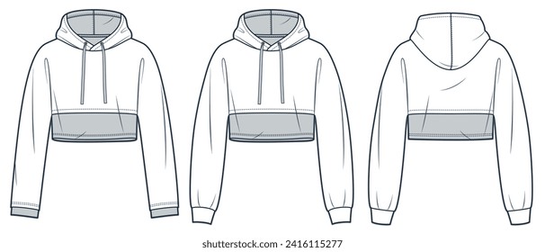 Crop Hoodie technical fashion illustration. Sweatshirt fashion flat technical drawing template, hood, relaxed fit, front and back view, whit and grey, women, men, unisex Top CAD mockup set.