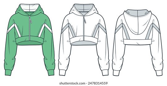 Recortar Hoodie ilustración de moda técnica. Sudadera con capucha con cremallera Plantilla de dibujo técnico plano de moda, oversize, vista frontal y posterior, blanco, verde, mujeres, hombres, conjunto de maquetas CAD de ropa deportiva unisex.