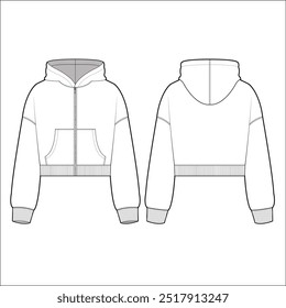 Crop Hoodie technische Mode Illustration. Kapuzenvektor-Vorlagengrafik. Vorder- und Rückseite. Zuschneiden. Schulter fallen lassen. Unisex. weiße Farbe. CAD-Modell.