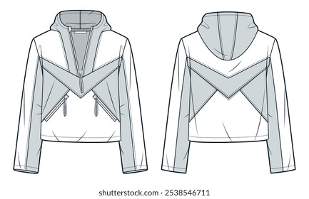 Crop Hoodie technical fashion illustration. Anorak Jacket fashion flat technical drawing template, half zip, pockets, front and back view, white and grey, women, men, unisex CAD mockup.