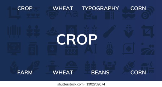 crop icon set. 32 filled crop icons. on blue background style Simple modern icons about  - Crop, Wheat, Typography, Corn, Farm, Beans, Farmer, Rice, Scarecrow, Farming, Harvest