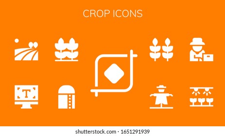 crop icon set. 9 filled crop icons. Included Crop, Harvest, Wheat, Typography, Field, Farm, Farmer, Scarecrow icons