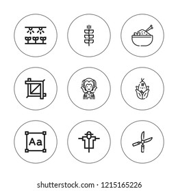Crop icon set. collection of 9 outline crop icons with corn, crop, farm, farmer, rice, scarecrow, shears, typography icons. editable icons.