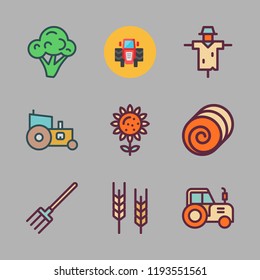 crop icon set. vector set about broccoli, scarecrow, wheat and sunflower icons set.