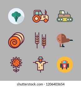 crop icon set. vector set about wheat, broccoli, scarecrow and tractor icons set.