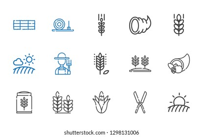 crop icons set. Collection of crop with field, shears, corn, wheat, cornucopia, farmer, straw bale, hay bale. Editable and scalable crop icons.