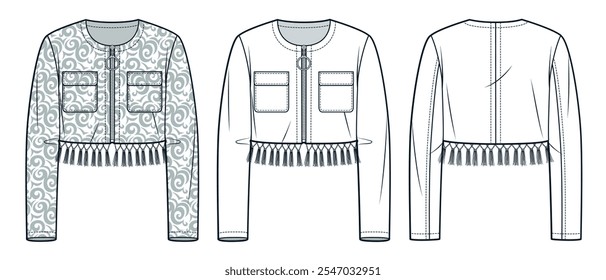 Crop Jacket com Tassels aparar moda técnica Ilustração, padrão floral. Zipped Jacket moda modelo de desenho técnico plano, bolsos, vista frontal e traseira, branco, cinza, mulheres CAD mockup set.