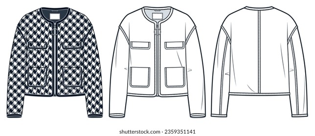 Crop Jacket technical fashion Illustration, hounds tooth design. Zipped Jacket fashion flat technical drawing template, pockets, front and back view, white, black, women CAD mockup set.