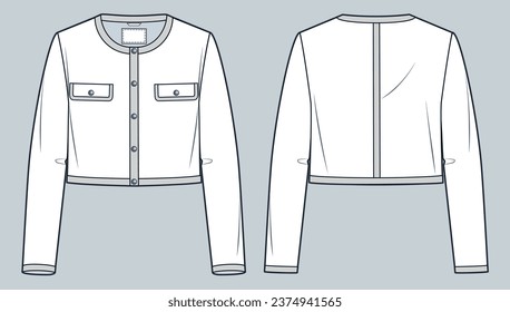 Crop Jacket technical fashion Illustration. Jacket with buttons fashion flat technical drawing template, pockets, front and back view, white, women CAD mockup.