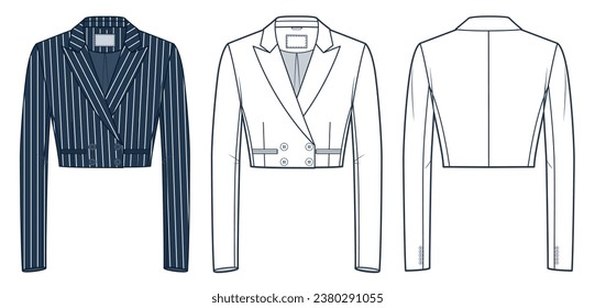 Crop Jacket technical fashion illustration, striped design. Classic  Blazer fashion technical drawing template, double breasted, front and back view, white, blue, women, men, unisex CAD mockup set.