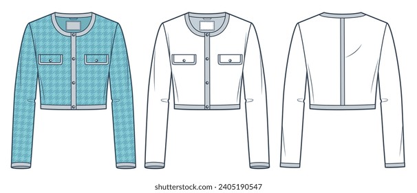 Crop Jacket technical fashion Illustration, houndstooth design. Button Down Jacket fashion flat technical drawing template, slim fit, pockets, front and back view, white, blue, women CAD mockup set.