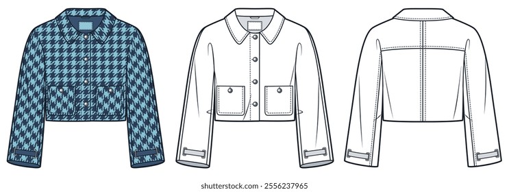 Crop Jacket technical fashion Illustration, houndstooth pattern. Gusset kimono sleeve Jacket fashion technical drawing template, three-quarter sleeve, front, back view, white, blue, women CAD mockup.