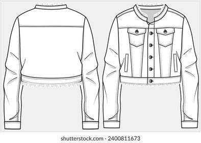 CROP LENGTH DENIM JACKET MIT FRAYED HEM UND BREITE KOLÄRE DETAILS FÜR FRAUEN JUNGER FRAUEN UND ZEHN MÄDCHEN IN VEKTORGRAFIK-ILLUSTRATIONSDATEI