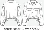 CROP LENGTH DROP SHOULDER WOVEN SHIRT WITH FLAP POCKET AND SIDE TIE UP DETAIL DESIGNED FOR TEEN AND KID GIRLS IN VECTOR ILLUSTRATION FILE
