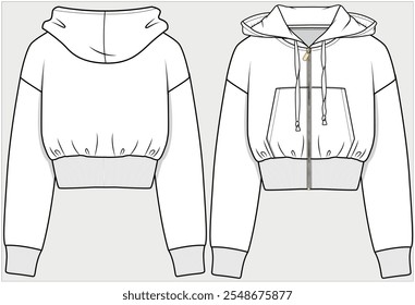 SUDADERA CON CAPUCHA RECORTAR DURACIÓN CON HOMBRO CAÍDO Y DETALLE DE BOLSILLO CANGURO DISEÑADA PARA MUJERES Y ADOLESCENTES EN ARCHIVO DE ILUSTRACIÓN VECTORIAL